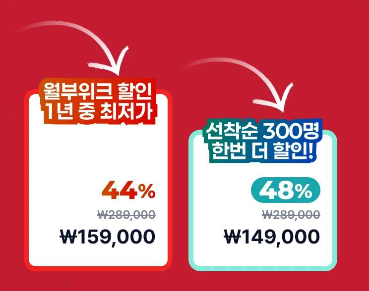 정가 289,000원, 월부위크 할인 44% 159,000원, 선착순 300명 한정 48% 149,000원