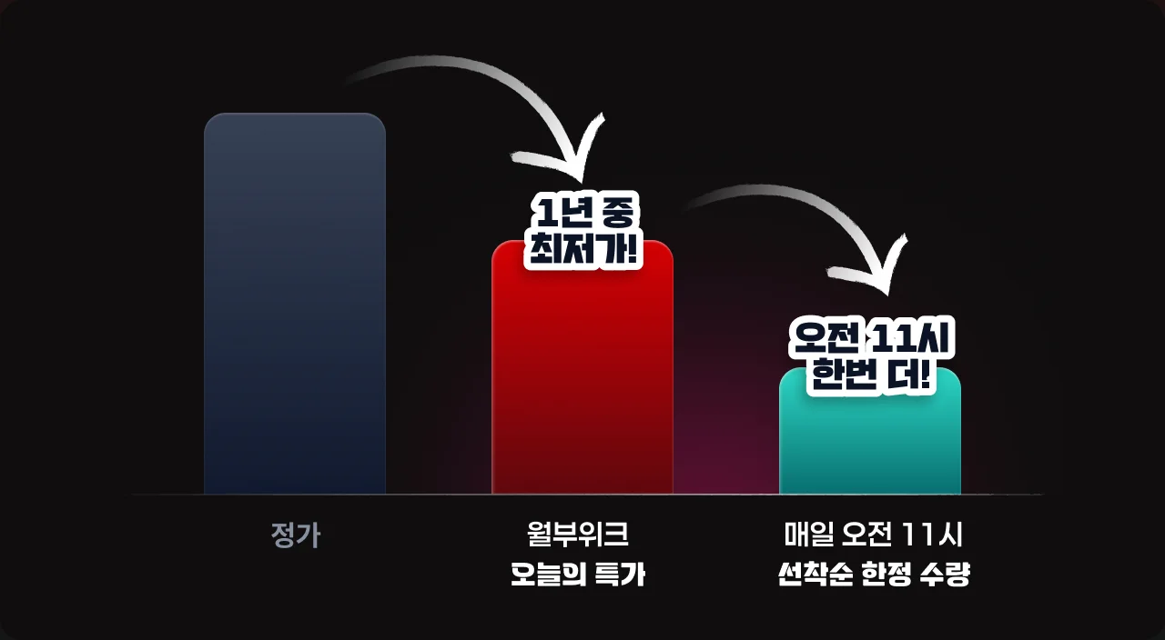 정가보다 월부위크 오늘의 특가가 낮고, 매일 오전 11시 선착순 한정 수량은 더 낮다